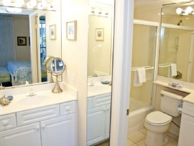 Ensuite bathroom with shower in tub
